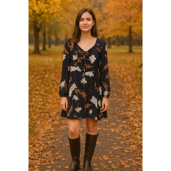 Sz 4 Fit & Flare Blue Autumn Tones Floral Long Sleeve Mini Dress Boho Chic Print - Picture 1 of 10